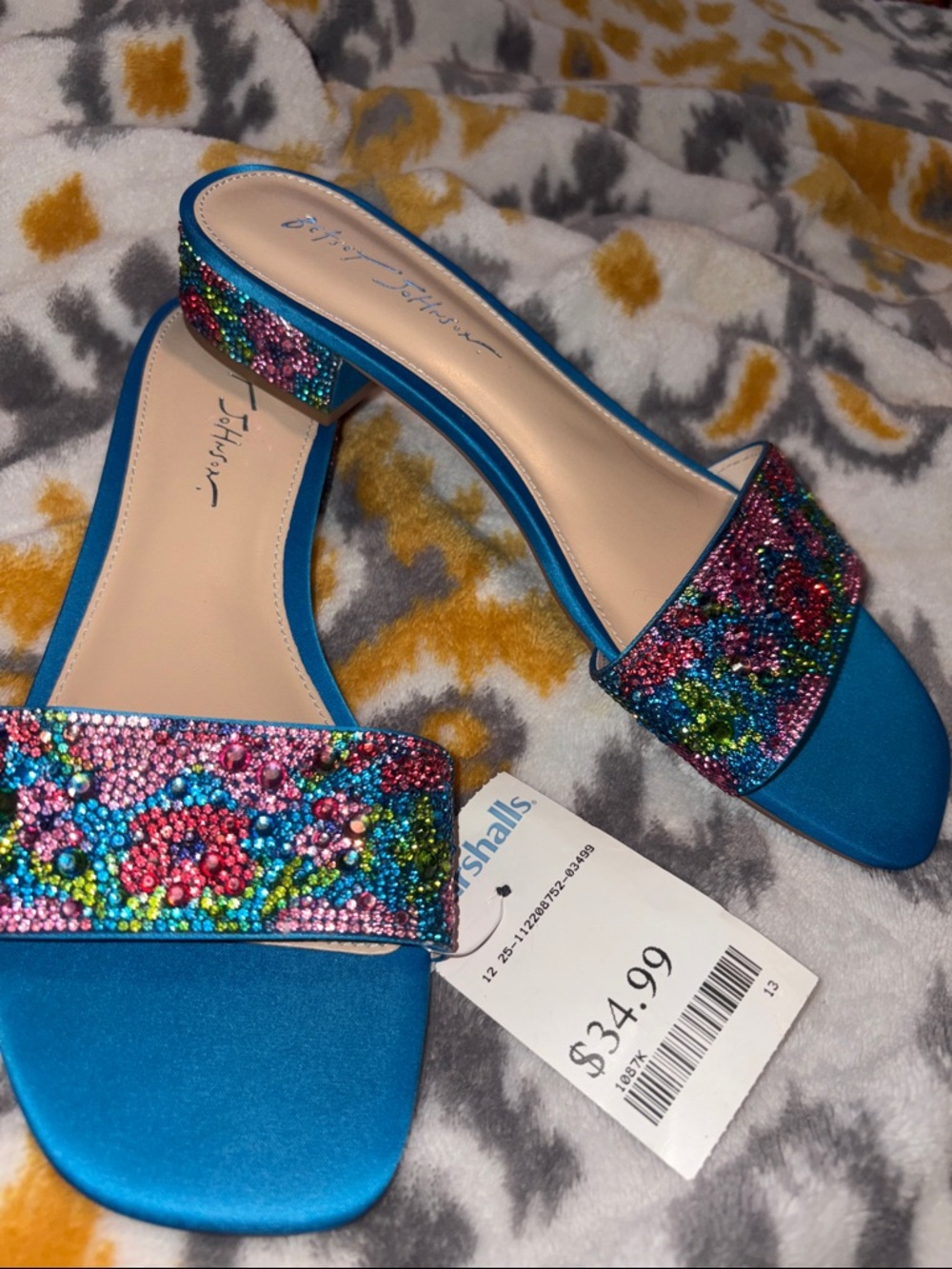 Betsy Johnson bedazzled slides with slight heel. Cute floral design